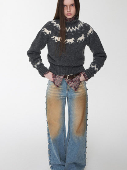 1JINN STUDIO Distressed Frayed Plaid Slim Round Neck Drop Shoulder Women&