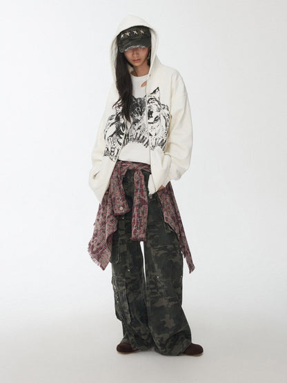 1JINN STUDIO Distressed Frayed Plaid Slim Round Neck Drop Shoulder Women&