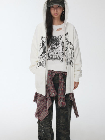 1JINN STUDIO Distressed Frayed Plaid Slim Round Neck Drop Shoulder Women&