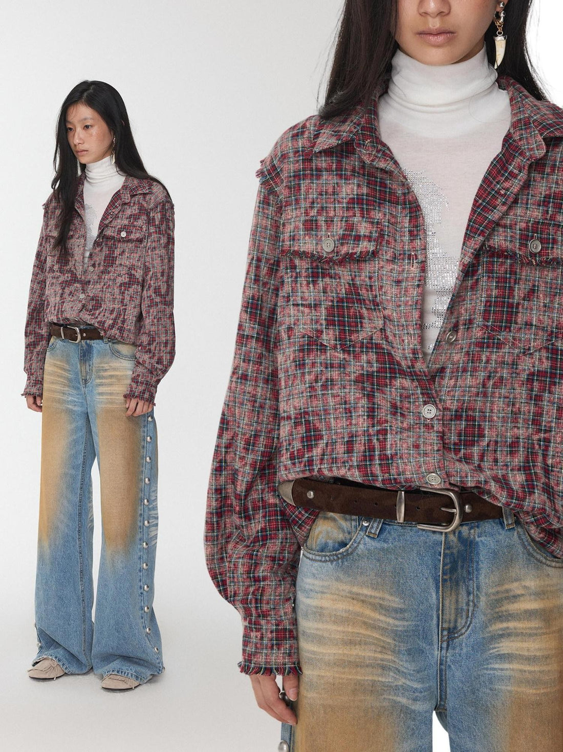 1JINN STUDIO Distressed Frayed Plaid Slim Round Neck Drop Shoulder Women&
