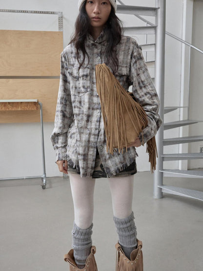 1JINN STUDIO Distressed Frayed Plaid Slim Round Neck Drop Shoulder Women&