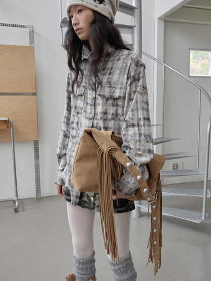 1JINN STUDIO Distressed Frayed Plaid Slim Round Neck Drop Shoulder Women&