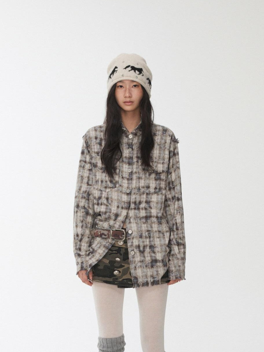 1JINN STUDIO Distressed Frayed Plaid Slim Round Neck Drop Shoulder Women&