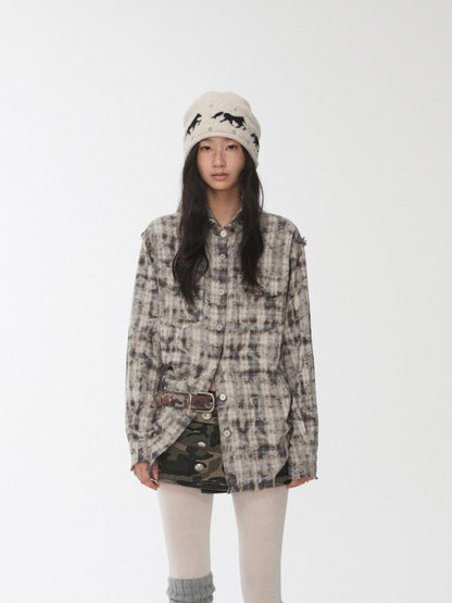 1JINN STUDIO Distressed Frayed Plaid Slim Round Neck Drop Shoulder Women&