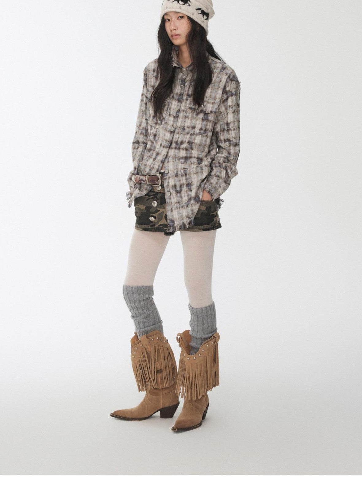 1JINN STUDIO Distressed Frayed Plaid Slim Round Neck Drop Shoulder Women&