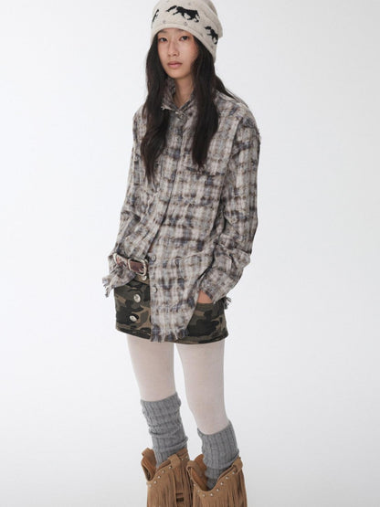 1JINN STUDIO Distressed Frayed Plaid Slim Round Neck Drop Shoulder Women&