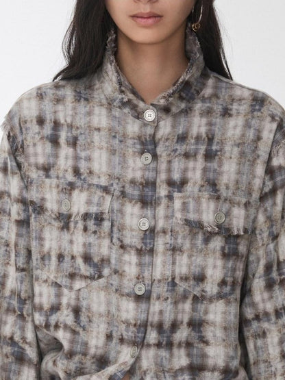 1JINN STUDIO Distressed Frayed Plaid Slim Round Neck Drop Shoulder Women&