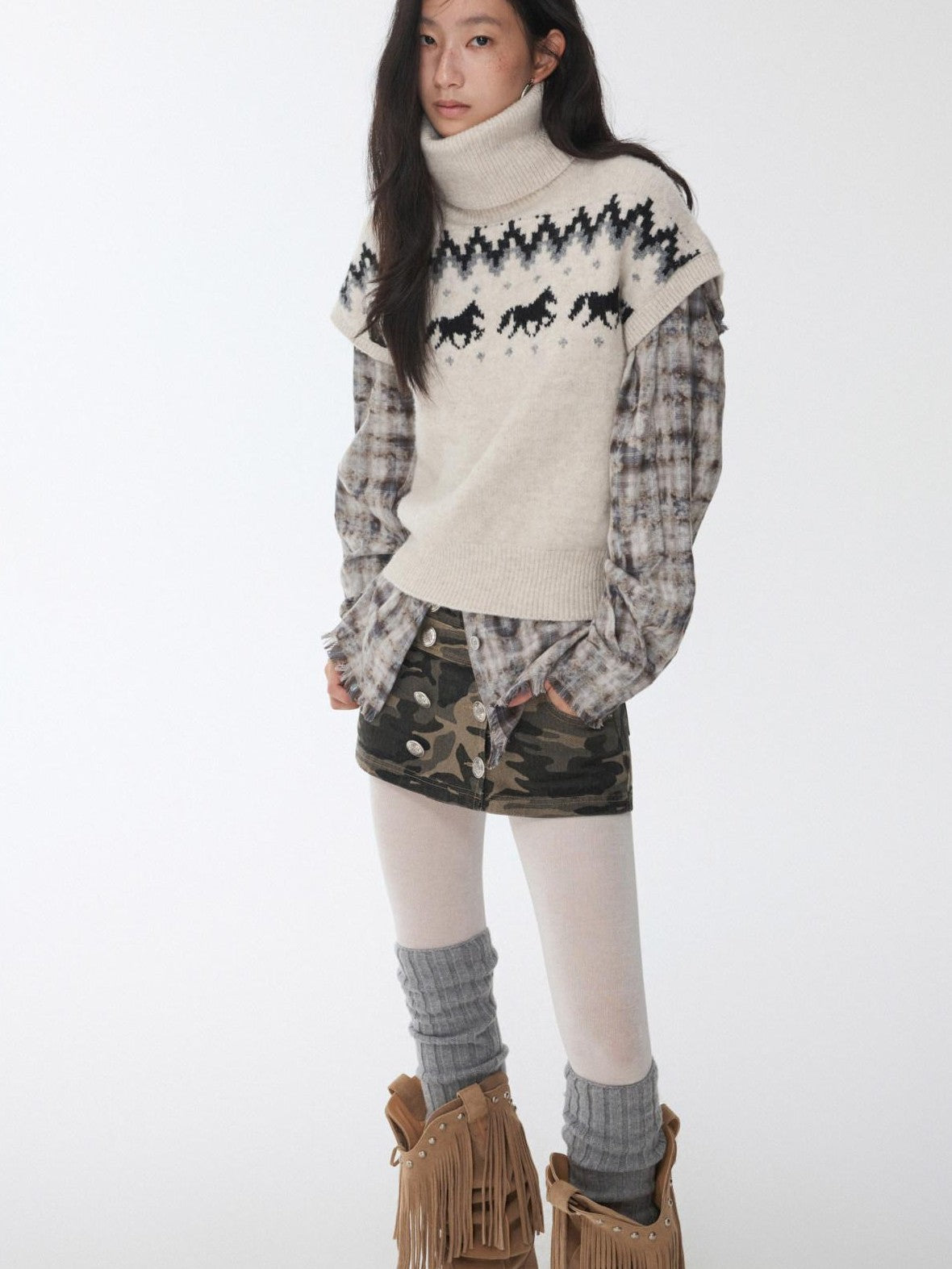 1JINN STUDIO Distressed Frayed Plaid Slim Round Neck Drop Shoulder Women&