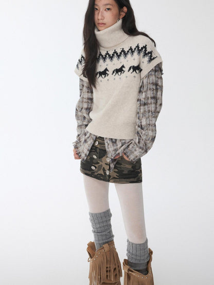 1JINN STUDIO Distressed Frayed Plaid Slim Round Neck Drop Shoulder Women&