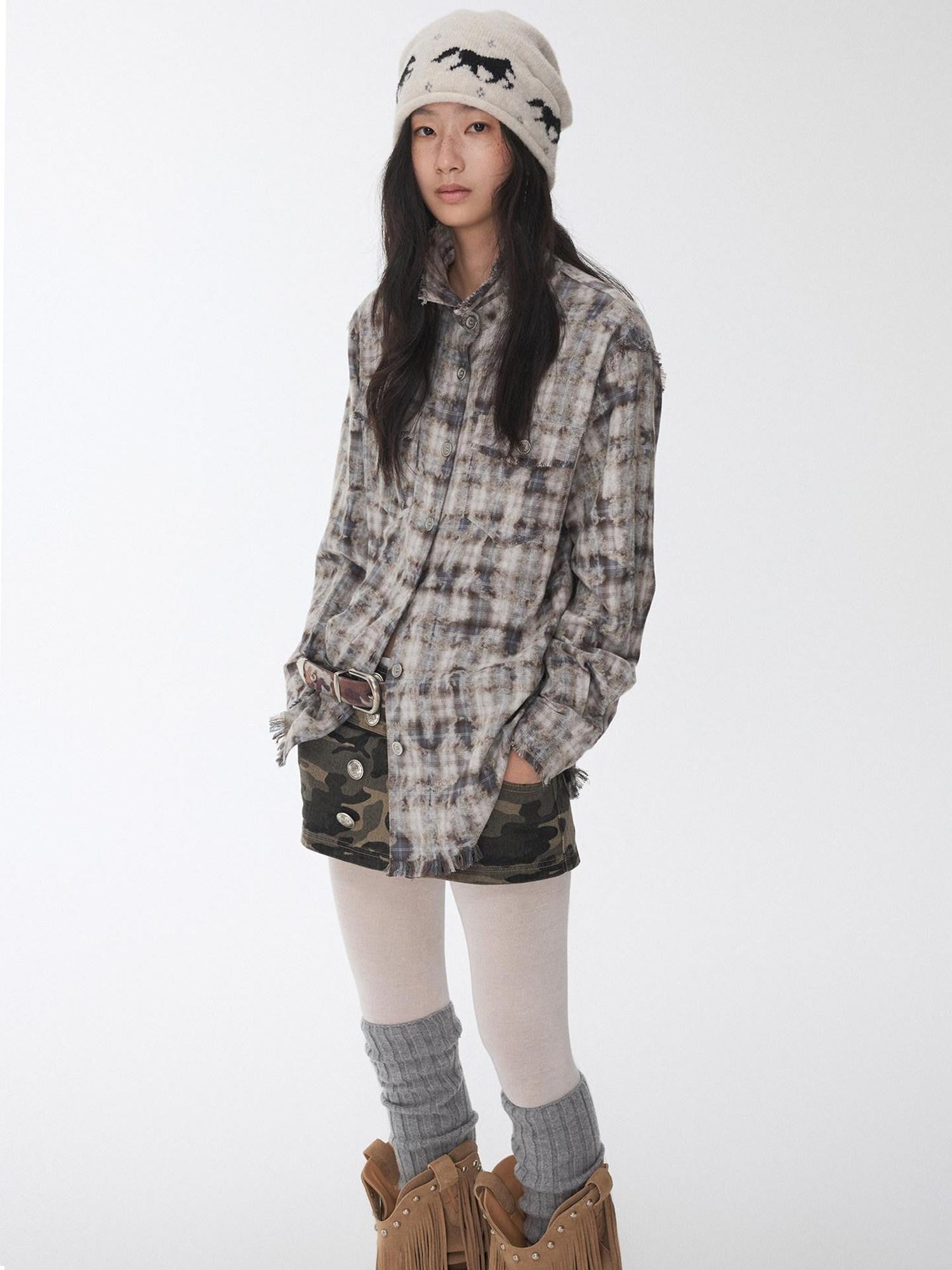 1JINN STUDIO Distressed Frayed Plaid Slim Round Neck Drop Shoulder Women&