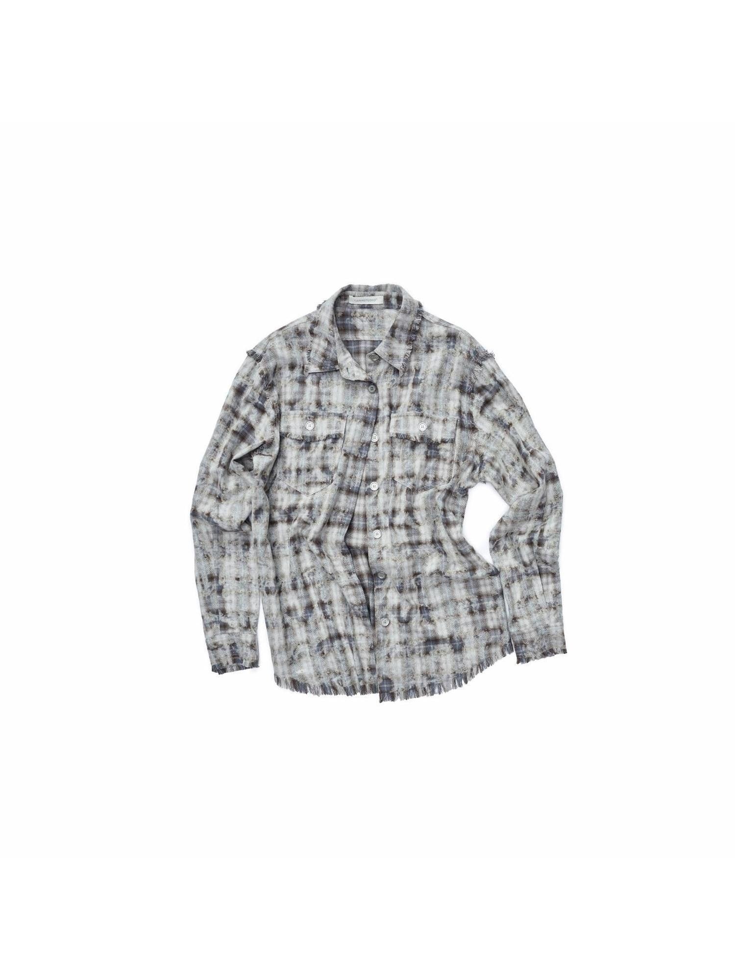 1JINN STUDIO Distressed Frayed Plaid Slim Round Neck Drop Shoulder Women&