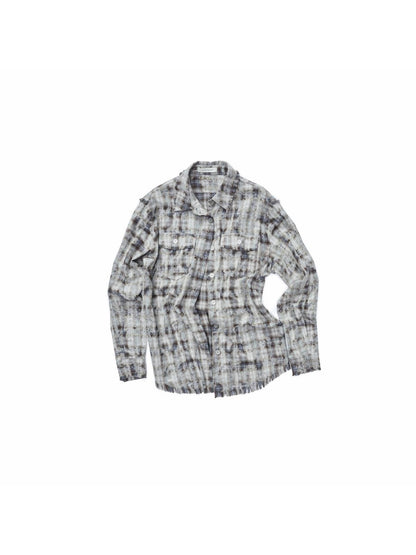 1JINN STUDIO Distressed Frayed Plaid Slim Round Neck Drop Shoulder Women&