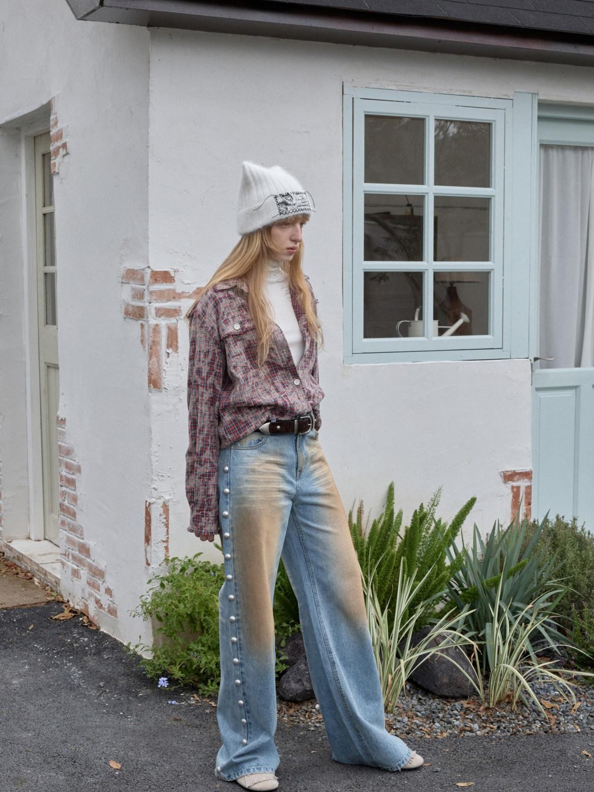 1JINN STUDIO Distressed Frayed Plaid Slim Round Neck Drop Shoulder Women&