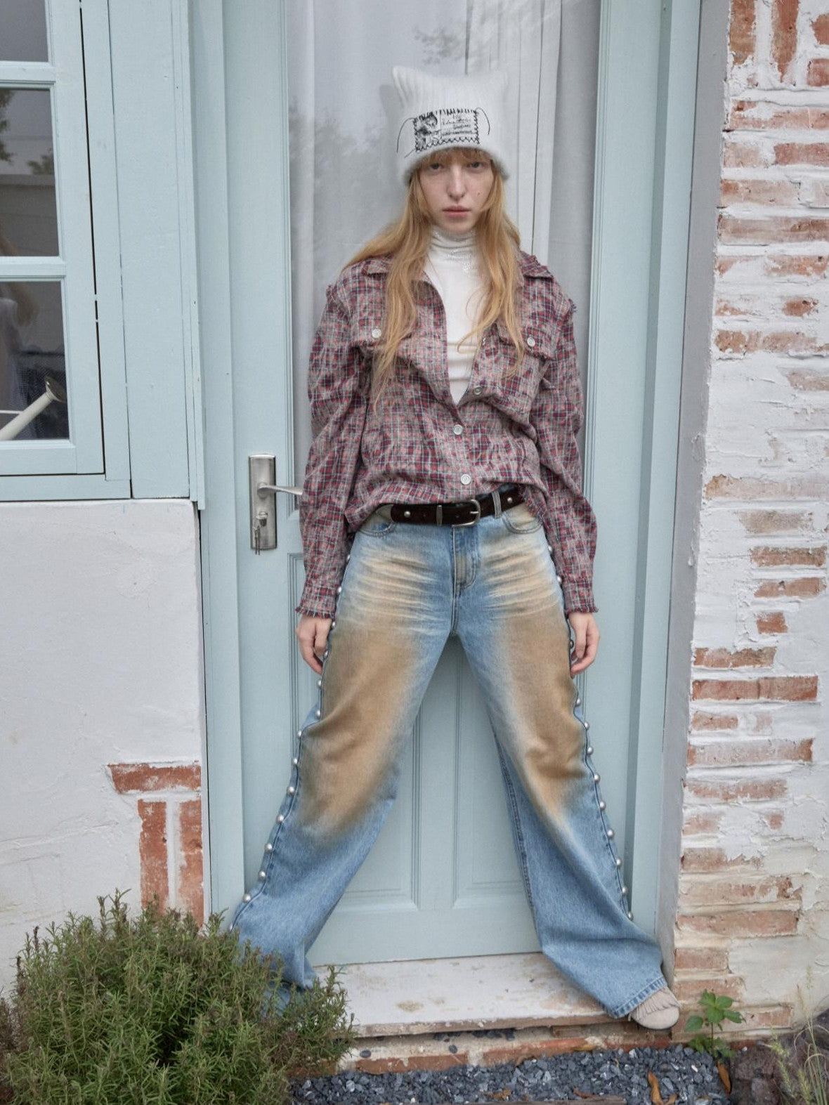 1JINN STUDIO Distressed Frayed Plaid Slim Round Neck Drop Shoulder Women&