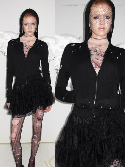 1JINN STUDIO Distressed Holes Hooded Cropped Zipper Knit Women&