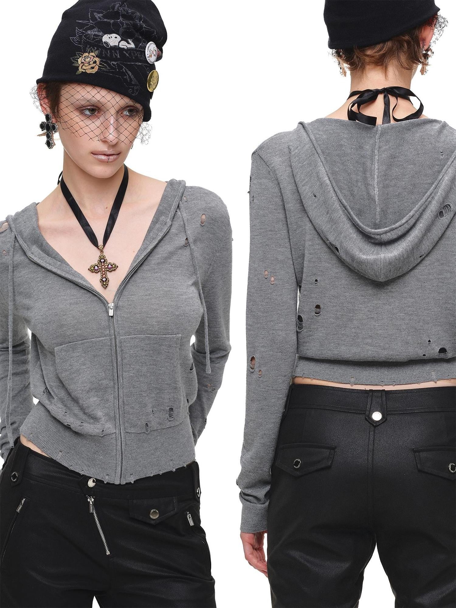 1JINN STUDIO Distressed Holes Hooded Cropped Zipper Knit Women&