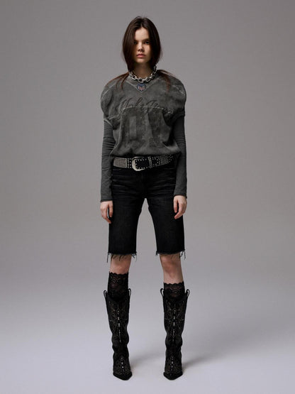 1JINN STUDIO Distressed Print V-neck Colorblock Badge Rugby Women&