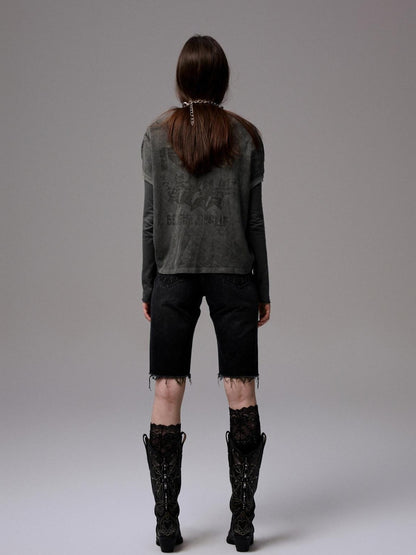 1JINN STUDIO Distressed Print V-neck Colorblock Badge Rugby Women&