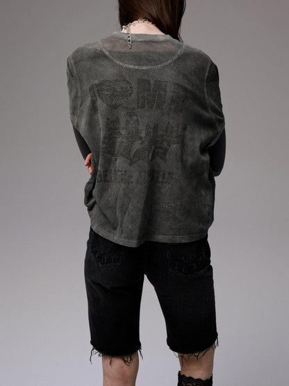 1JINN STUDIO Distressed Print V-neck Colorblock Badge Rugby Women&