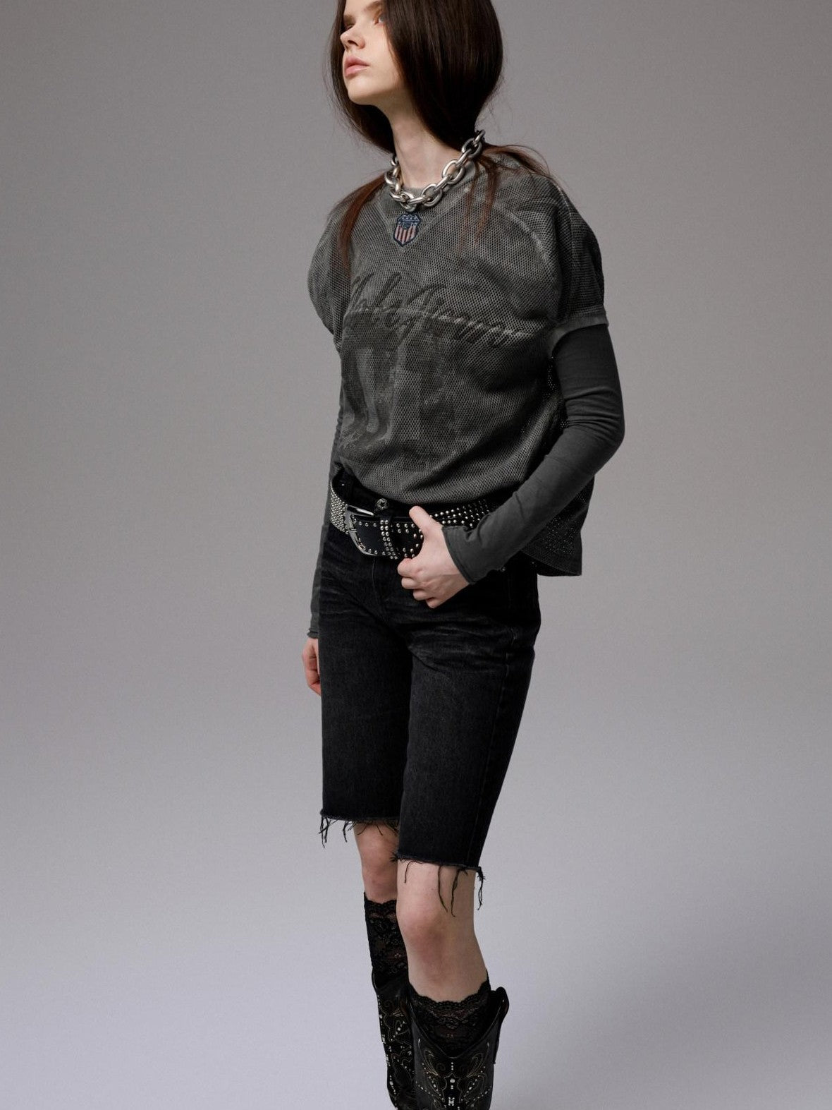 1JINN STUDIO Distressed Print V-neck Colorblock Badge Rugby Women&