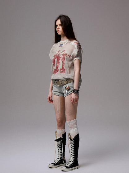 1JINN STUDIO Distressed Print V-neck Colorblock Badge Rugby Women&