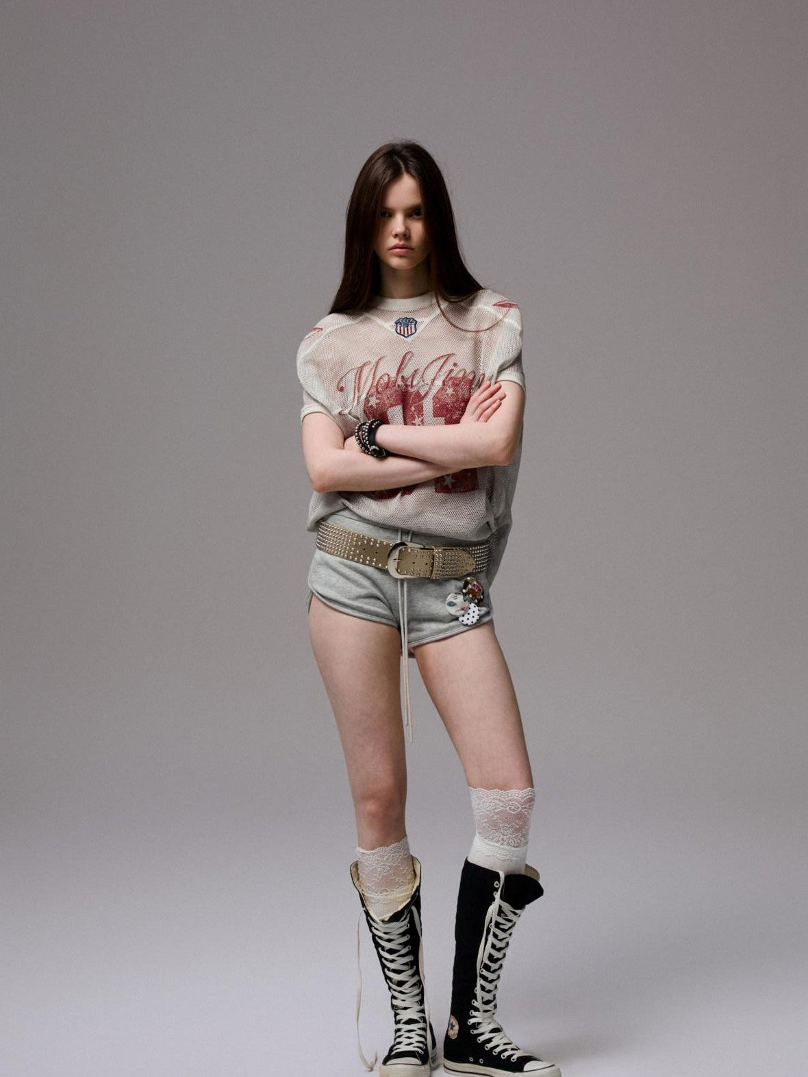 1JINN STUDIO Distressed Print V-neck Colorblock Badge Rugby Women&