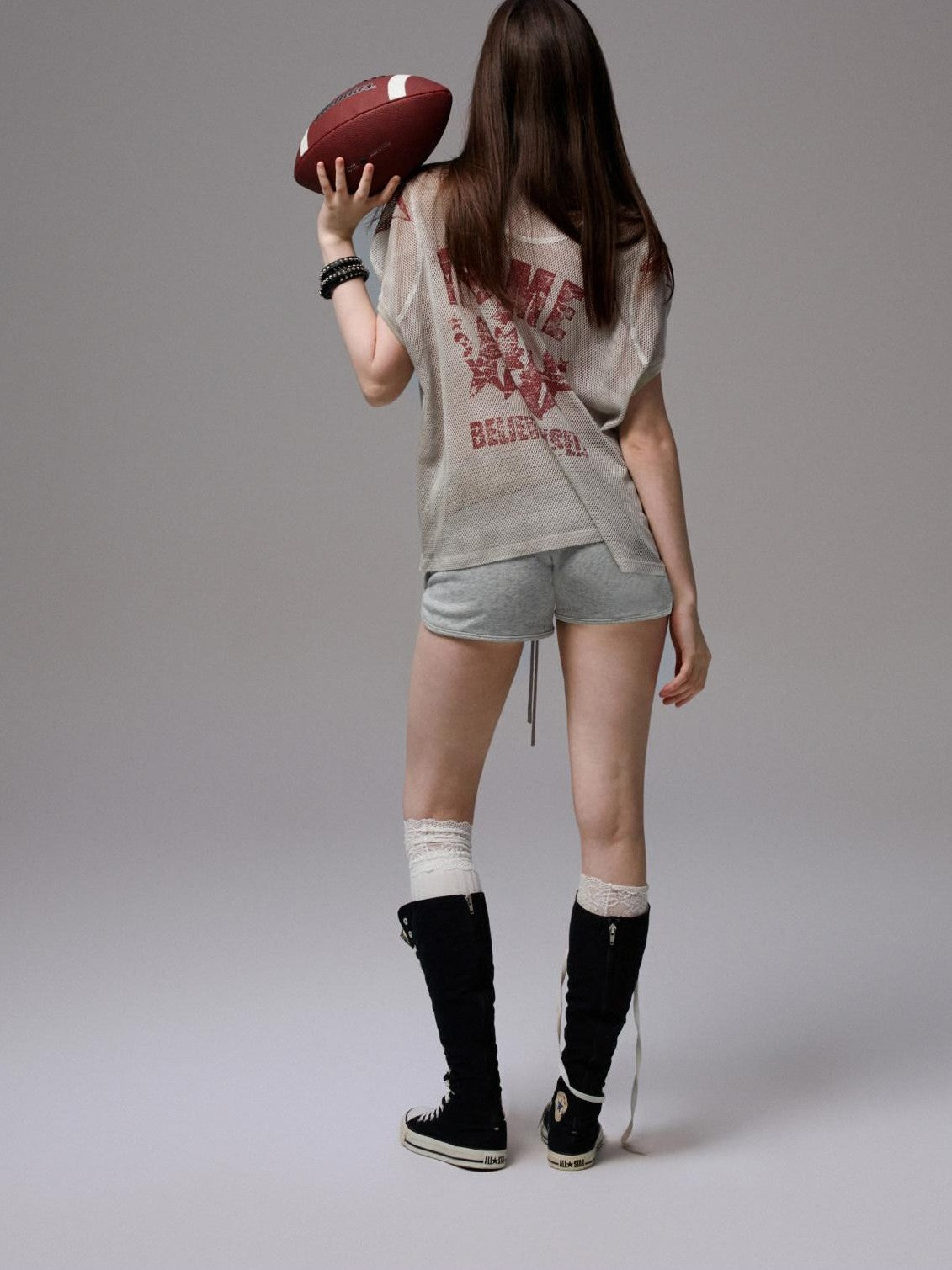 1JINN STUDIO Distressed Print V-neck Colorblock Badge Rugby Women&