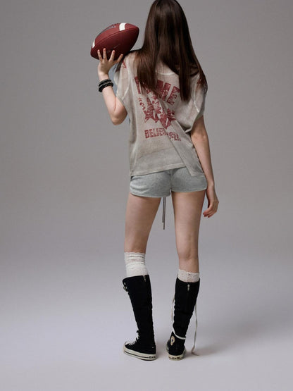 1JINN STUDIO Distressed Print V-neck Colorblock Badge Rugby Women&