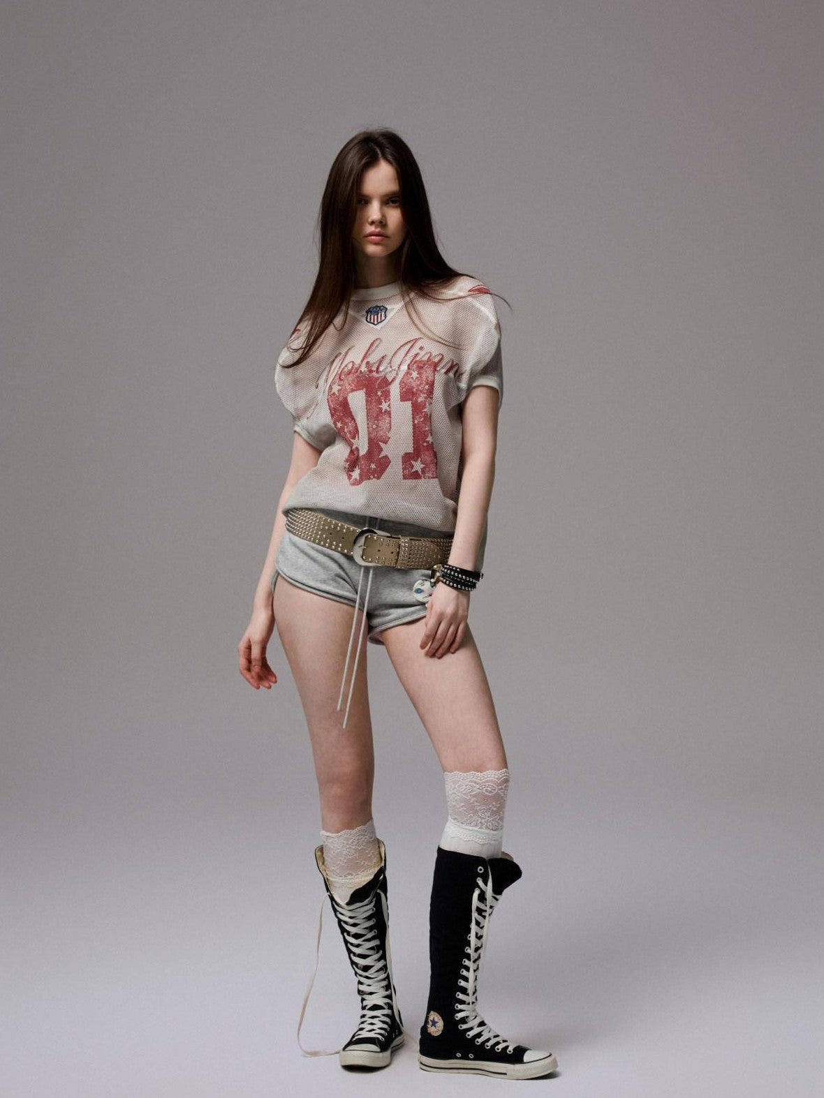 1JINN STUDIO Distressed Print V-neck Colorblock Badge Rugby Women&