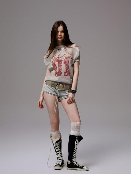 1JINN STUDIO Distressed Print V-neck Colorblock Badge Rugby Women&