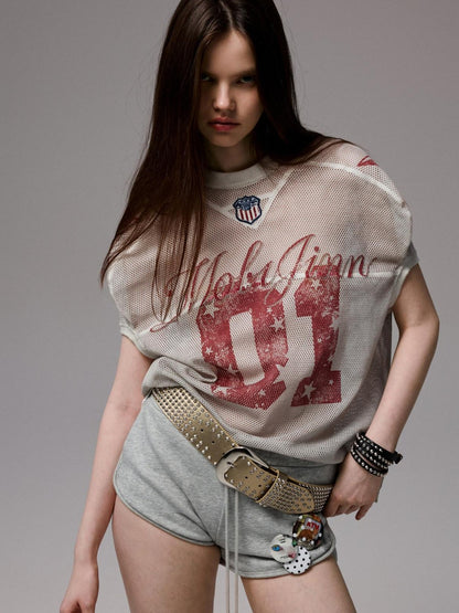 1JINN STUDIO Distressed Print V-neck Colorblock Badge Rugby Women&