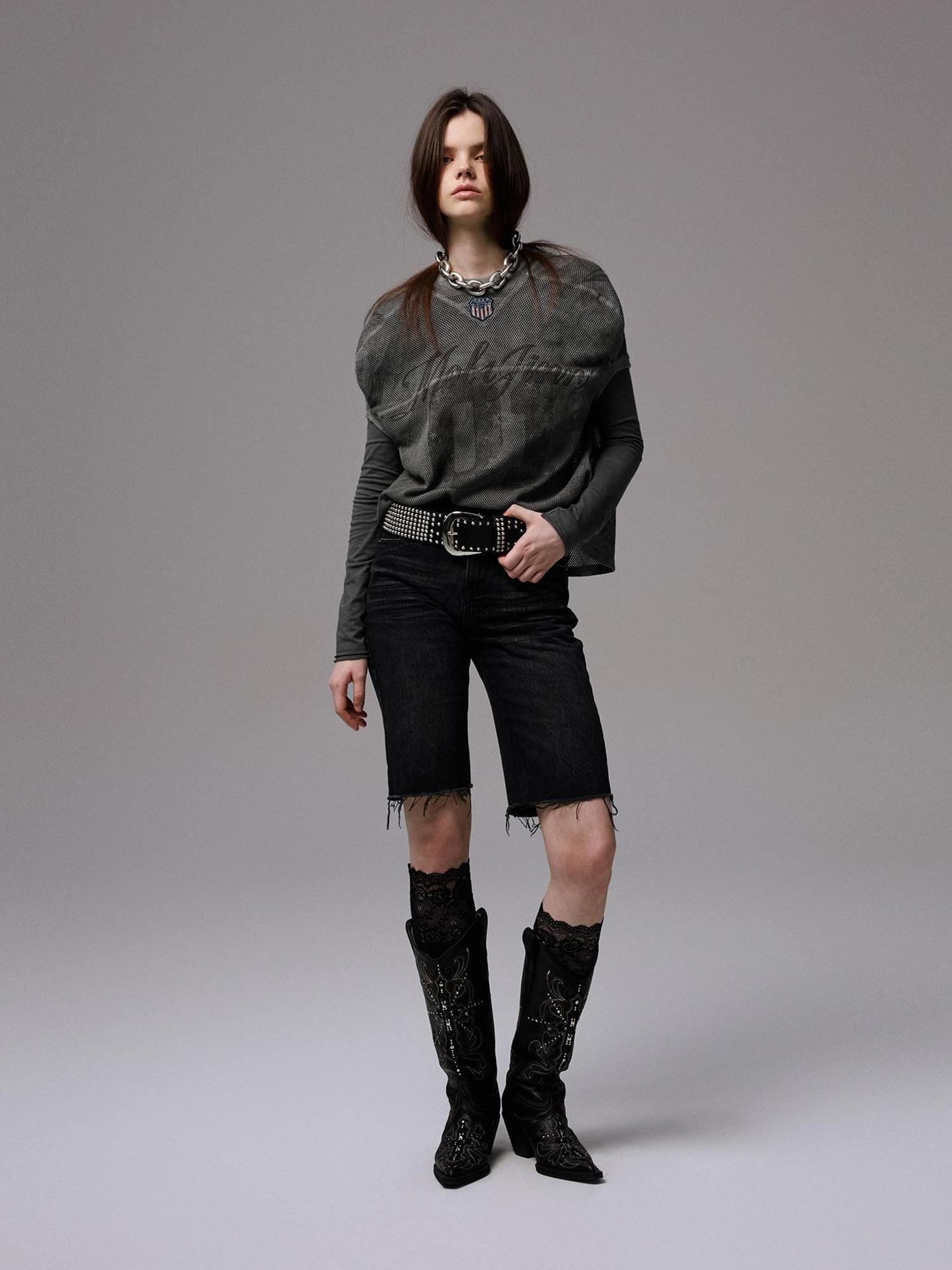 1JINN STUDIO Distressed Print V-neck Colorblock Badge Rugby Women&