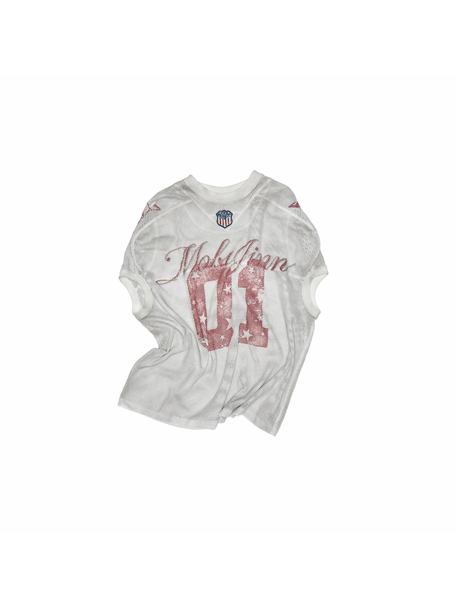 1JINN STUDIO Distressed Print V-neck Colorblock Badge Rugby Women&