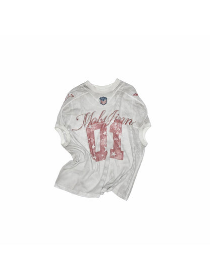 1JINN STUDIO Distressed Print V-neck Colorblock Badge Rugby Women&