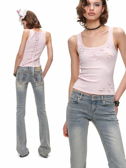 1JINN STUDIO Distressed U Neck Racerback Cross Tie Slim Women&
