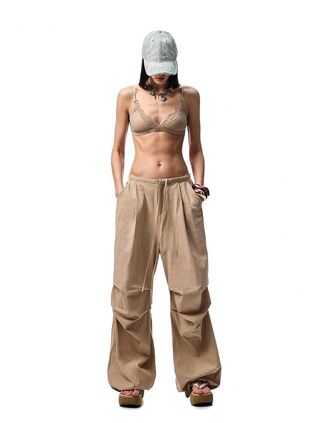 1JINN STUDIO Distressed Washed Elastic Waist Cargo High Waist Women&