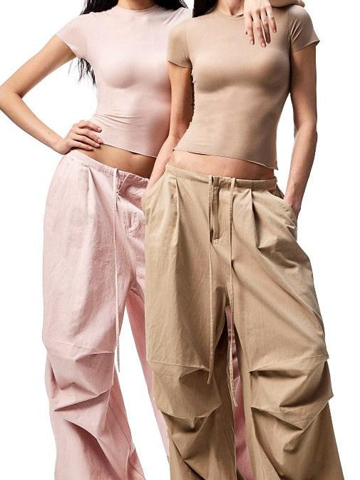 1JINN STUDIO Distressed Washed Elastic Waist Cargo High Waist Women&