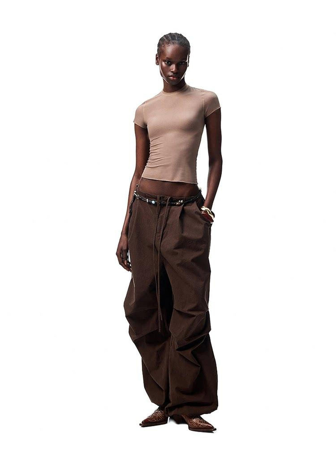1JINN STUDIO Distressed Washed Elastic Waist Cargo High Waist Women&