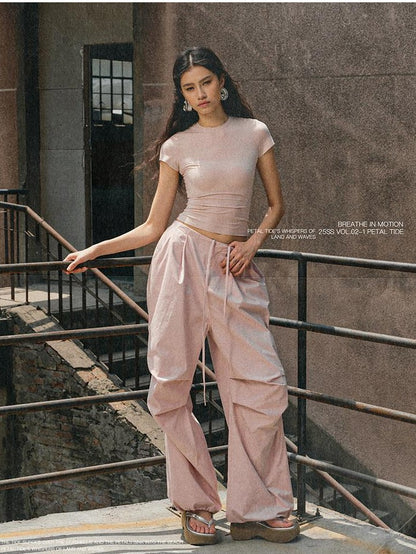 1JINN STUDIO Distressed Washed Elastic Waist Cargo High Waist Women&