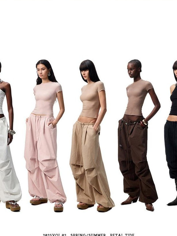 1JINN STUDIO Distressed Washed Elastic Waist Cargo High Waist Women&