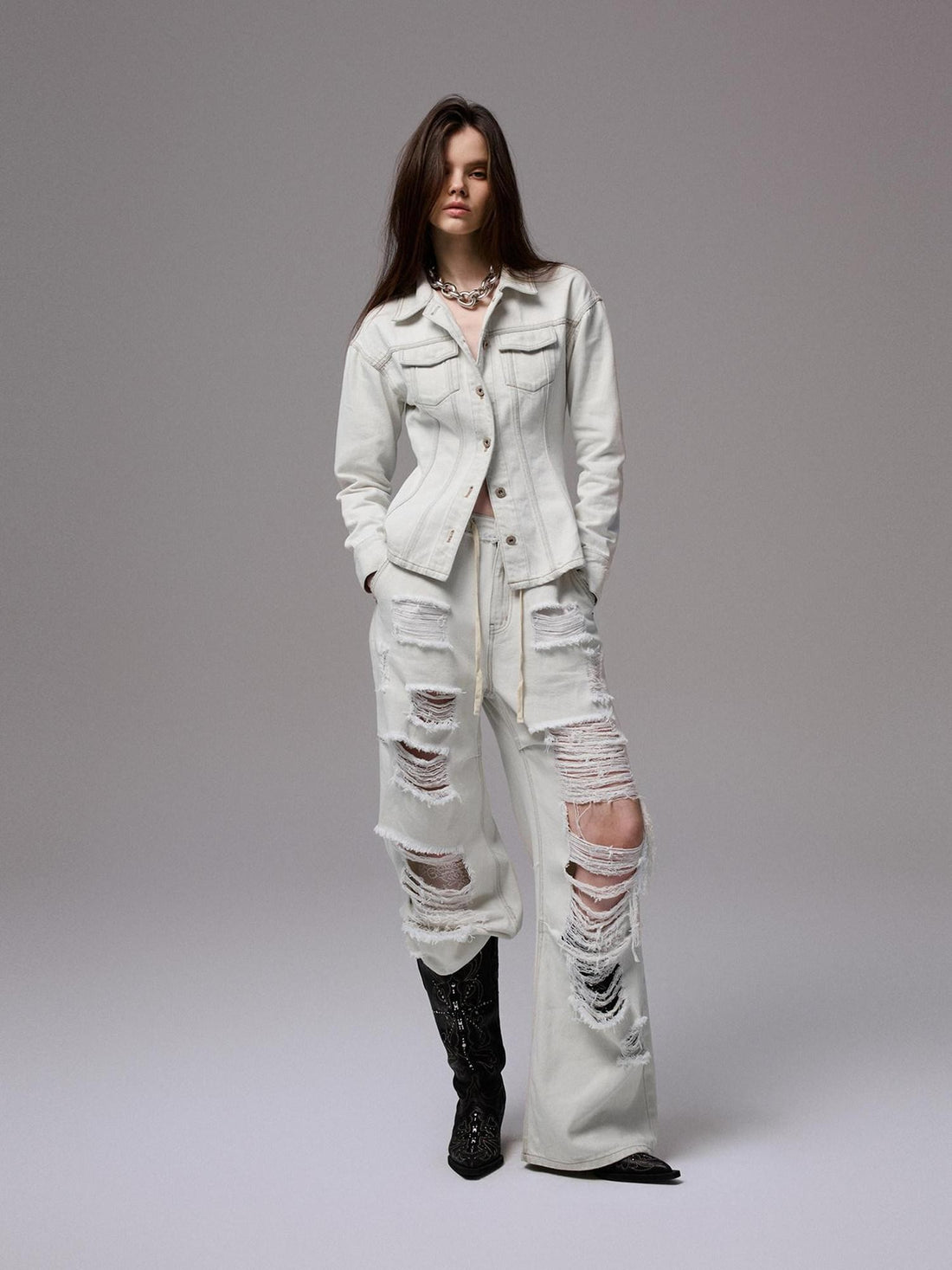 1JINN STUDIO Distressed White Cinched Waist Slimming Polo Collar Women&