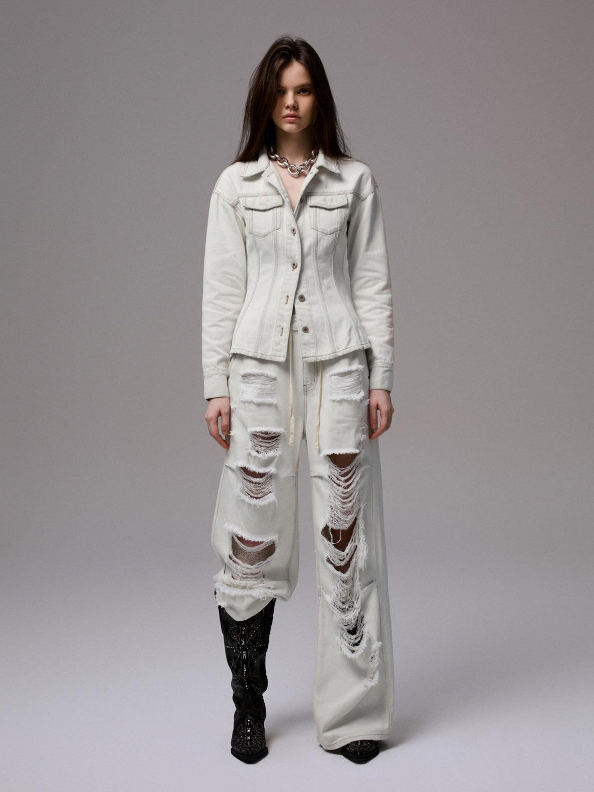 1JINN STUDIO Distressed White Cinched Waist Slimming Polo Collar Women&