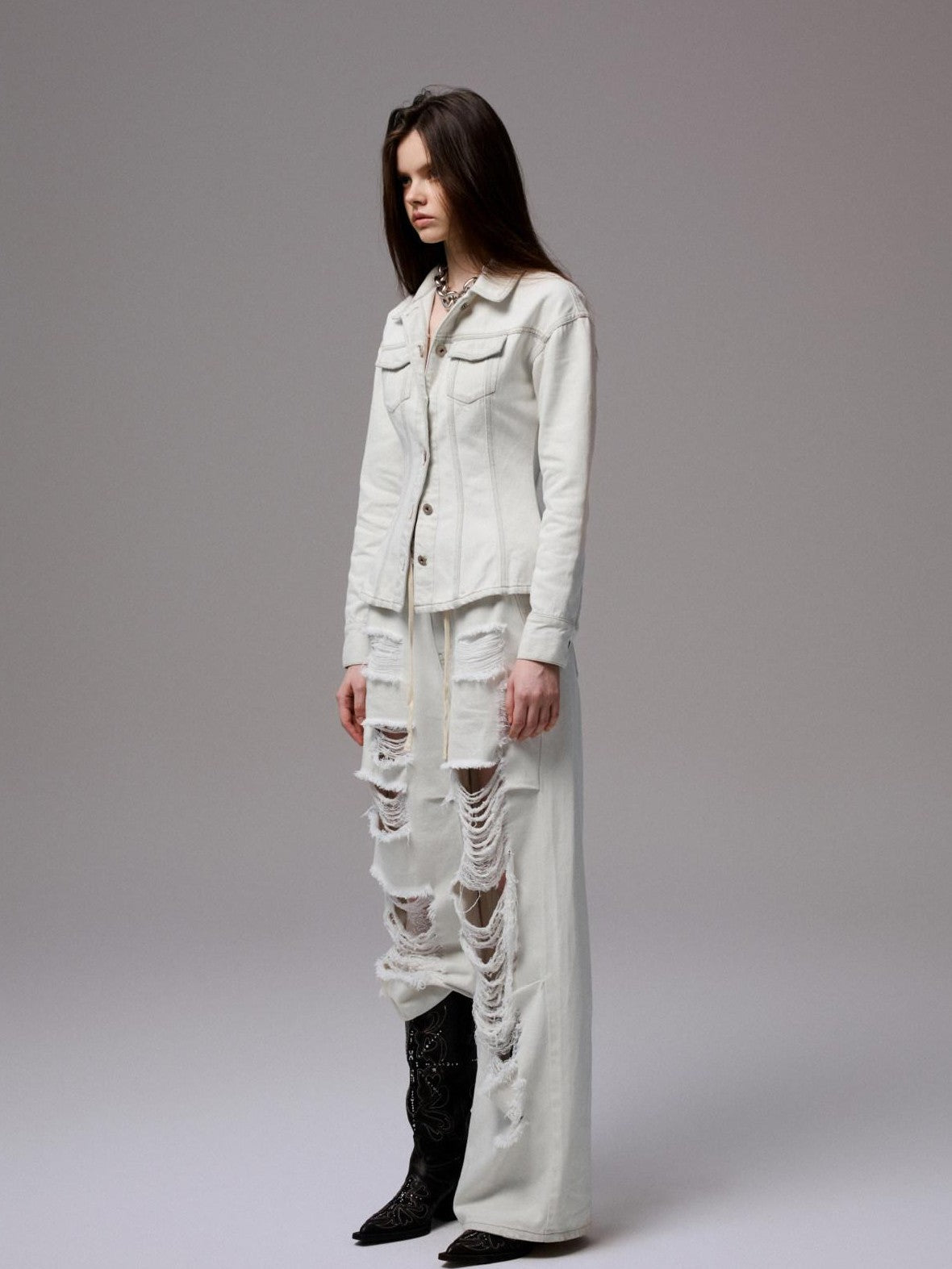 1JINN STUDIO Distressed White Cinched Waist Slimming Polo Collar Women&