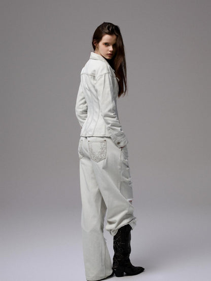 1JINN STUDIO Distressed White Cinched Waist Slimming Polo Collar Women&