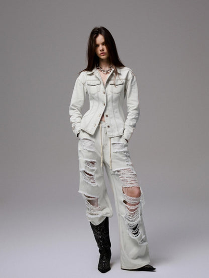 1JINN STUDIO Distressed White Cinched Waist Slimming Polo Collar Women&
