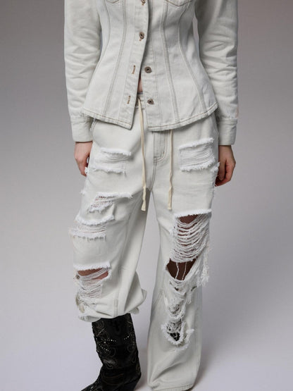 1JINN STUDIO Distressed White Cinched Waist Slimming Polo Collar Women&