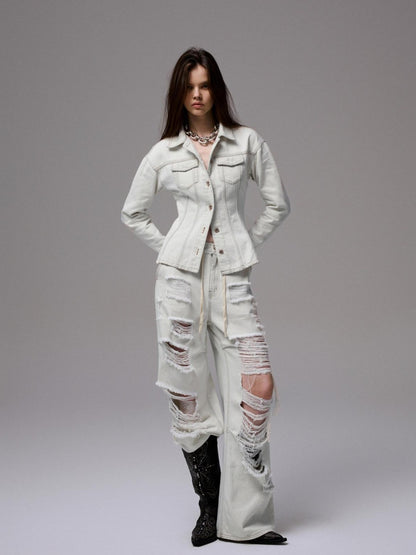 1JINN STUDIO Distressed White Cinched Waist Slimming Polo Collar Women&