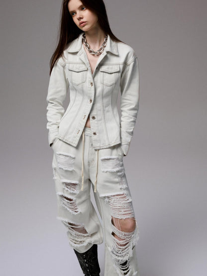 1JINN STUDIO Distressed White Cinched Waist Slimming Polo Collar Women&