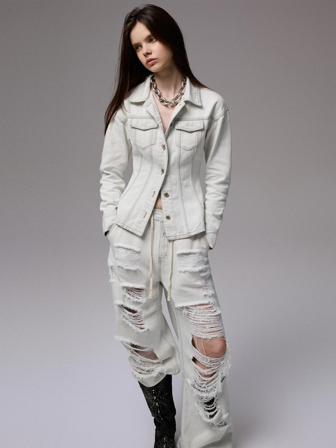 1JINN STUDIO Distressed White Cinched Waist Slimming Polo Collar Women&