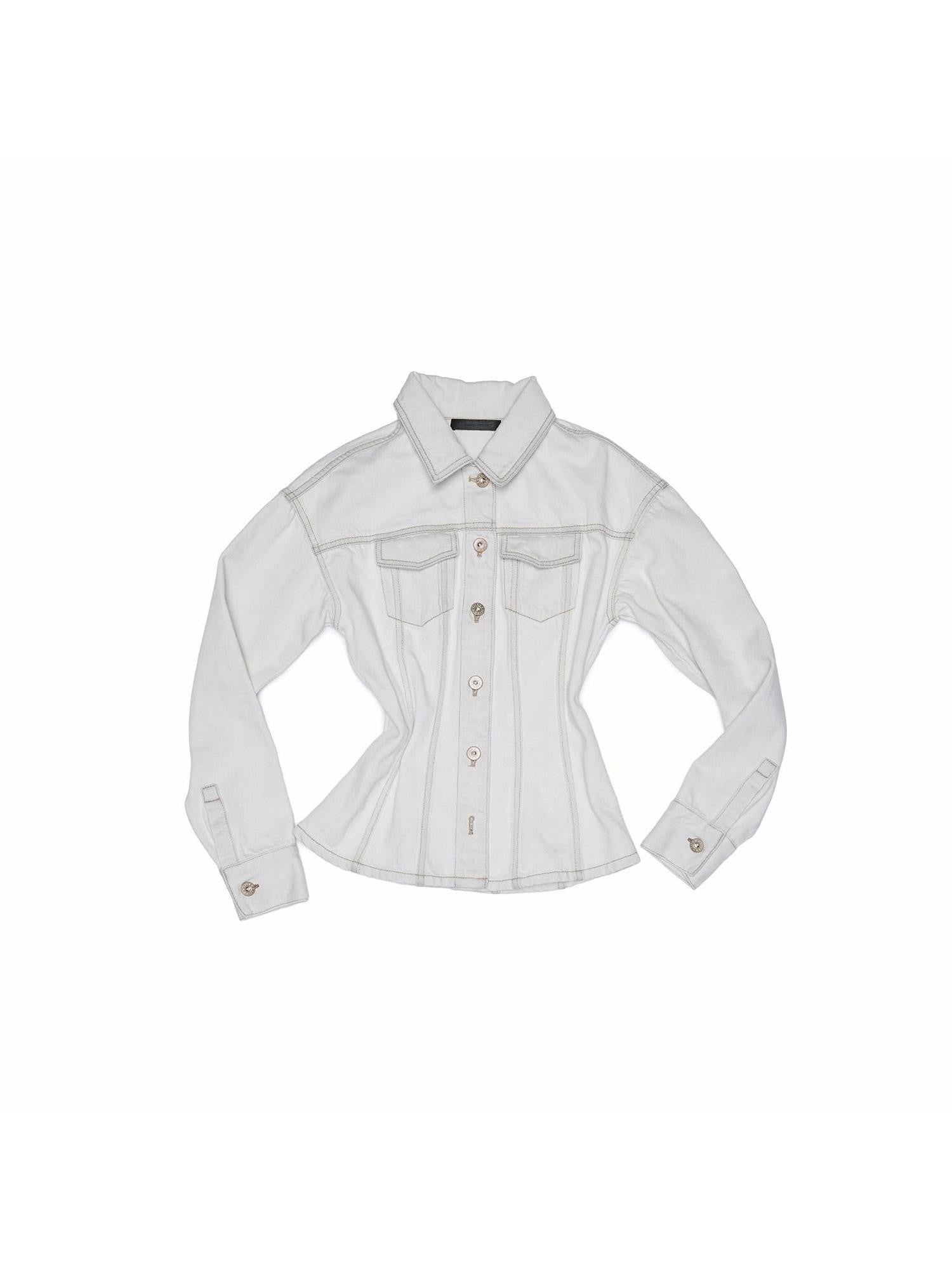 1JINN STUDIO Distressed White Cinched Waist Slimming Polo Collar Women&